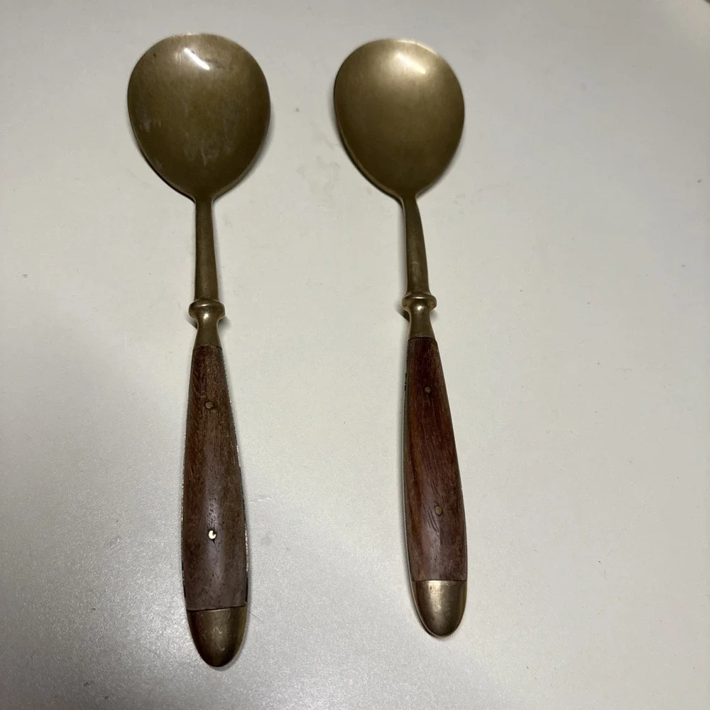 Midcentury Teak and Brass Salad Serving Utensils Spoon Slotted 9